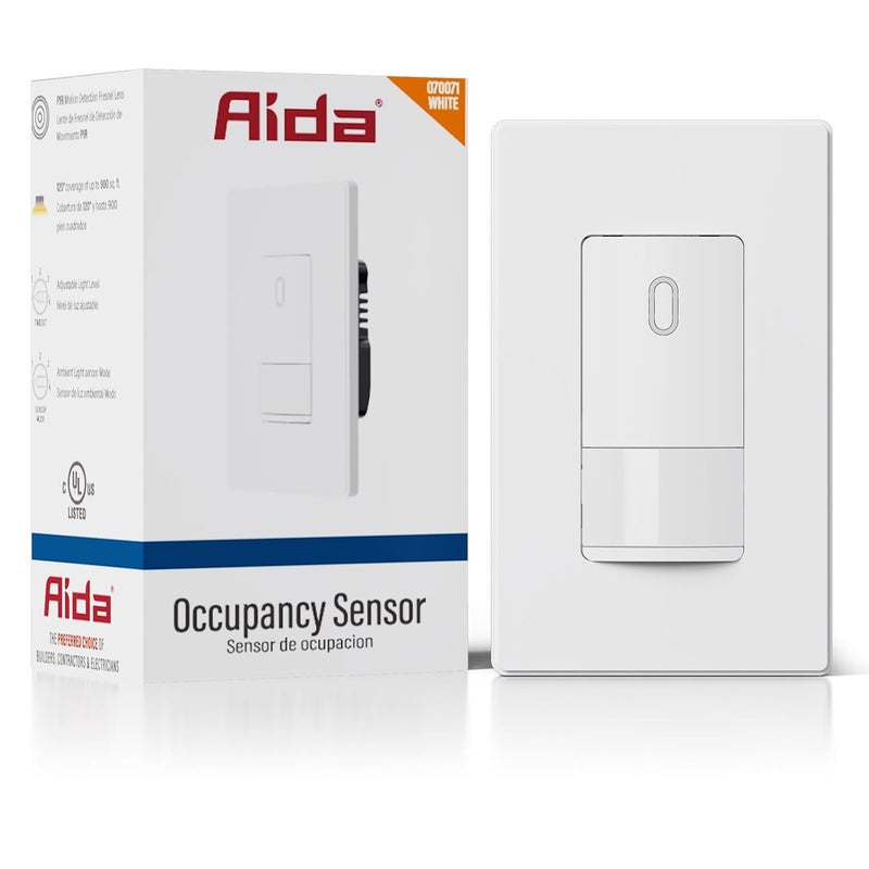 Aida Single Pole Motion Sensor Light Switch w/Neutral Wire - 120° PIR Infrared Activation - CFL/LED/MLV/INC/HAL/Fan Compatible - UL Certified - 1 Pack,Matte White - Image 1